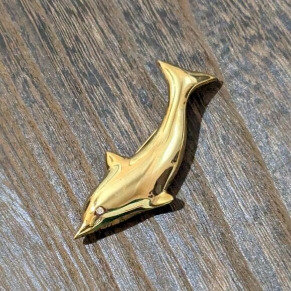 Vintage Gold Dolphin Brooch Pin With Rhinestone Eye fish water ocean 3" - Picture 1 of 6